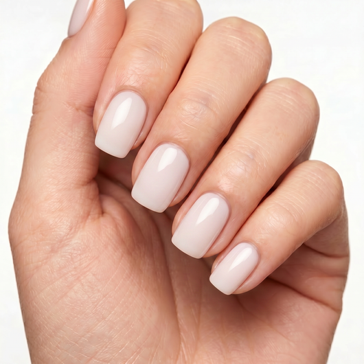 Glass Skin press-on nails — sheer milky white K-beauty finish, hero lifestyle image 2