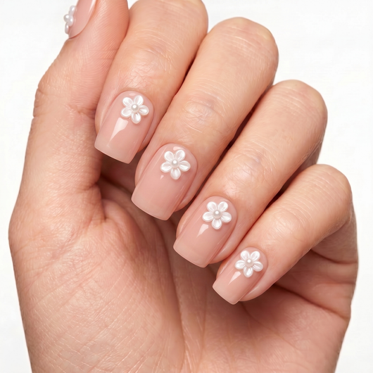 Petal press-on nails — soft nude pink with pearl flower accent, hero lifestyle image 2