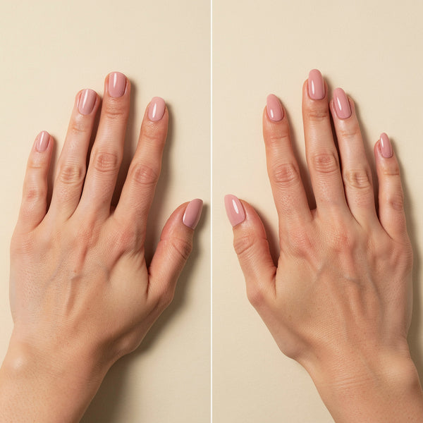 Before and after transformation with Apricot press-on nails