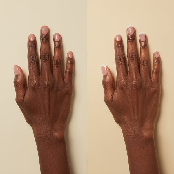 Before and after French Tip transformation on deep skin